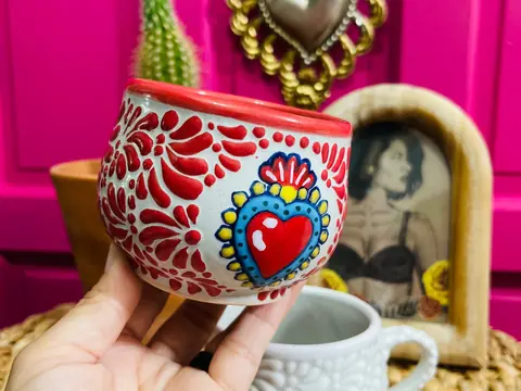 Hand-painted Talavera ceramic mug with red floral pattern and sacred heart